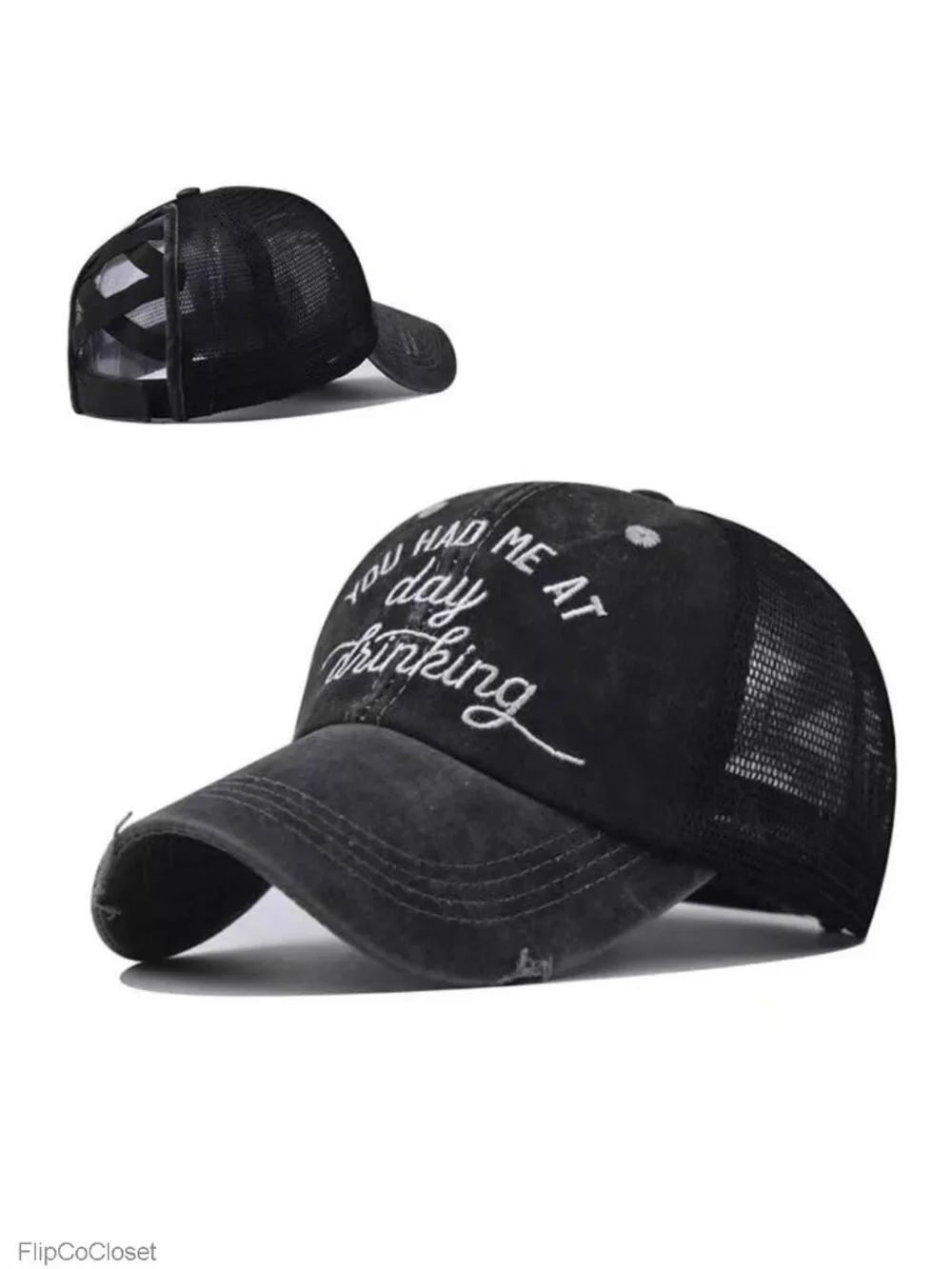 Criss Cross Ponytail Baseball Cap for Women Distressed Trucker Hat with Mesh